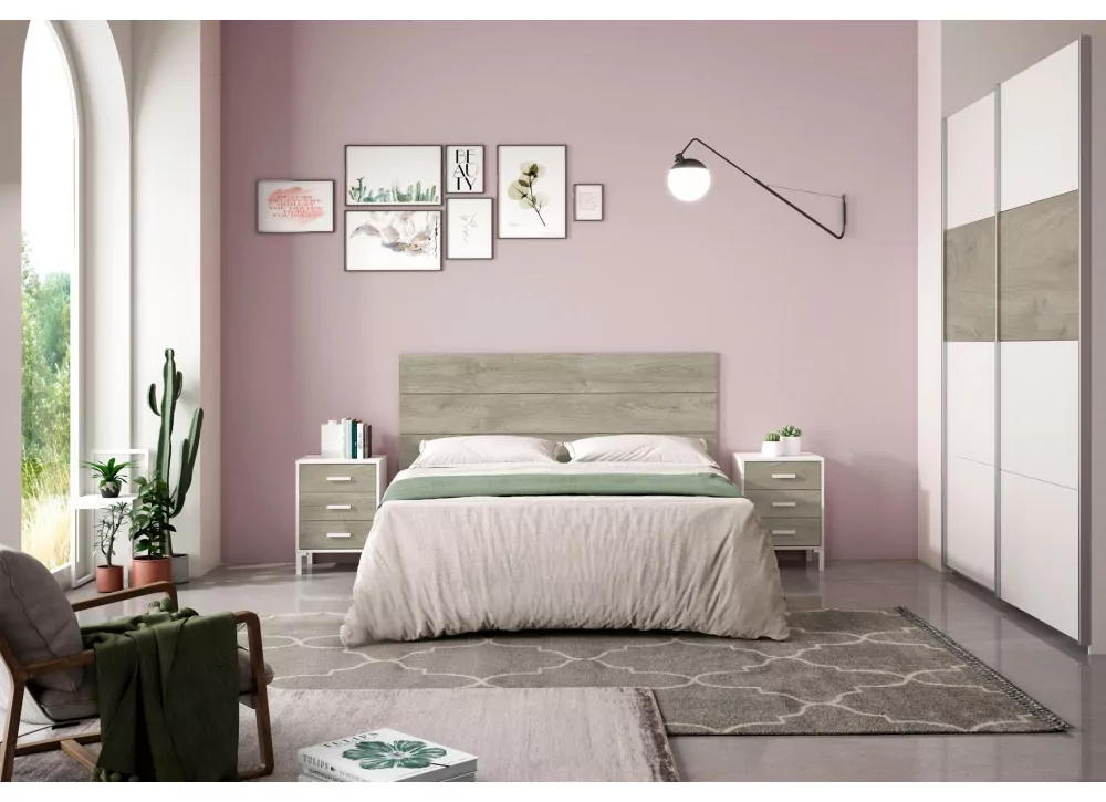 Pack Dormitorio de Matrimonio Completo Estilo Moderno en Color Blanco y  Roble Cama 150 cm (Cama+cabecero+mesitas+cómoda)