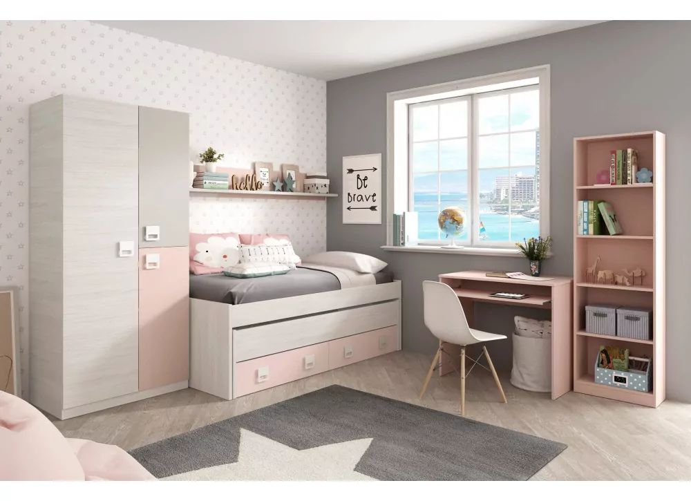 Dormitorio juvenil: cama nido, zapatero, escritorio, librería, estante