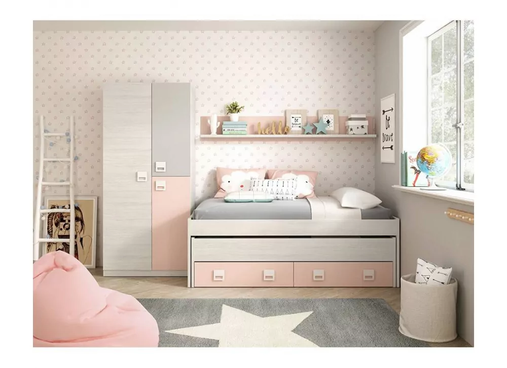 Dormitorio juvenil con compacto de cama deslizante y base de cajones +  armario y zona de estudio con librería.