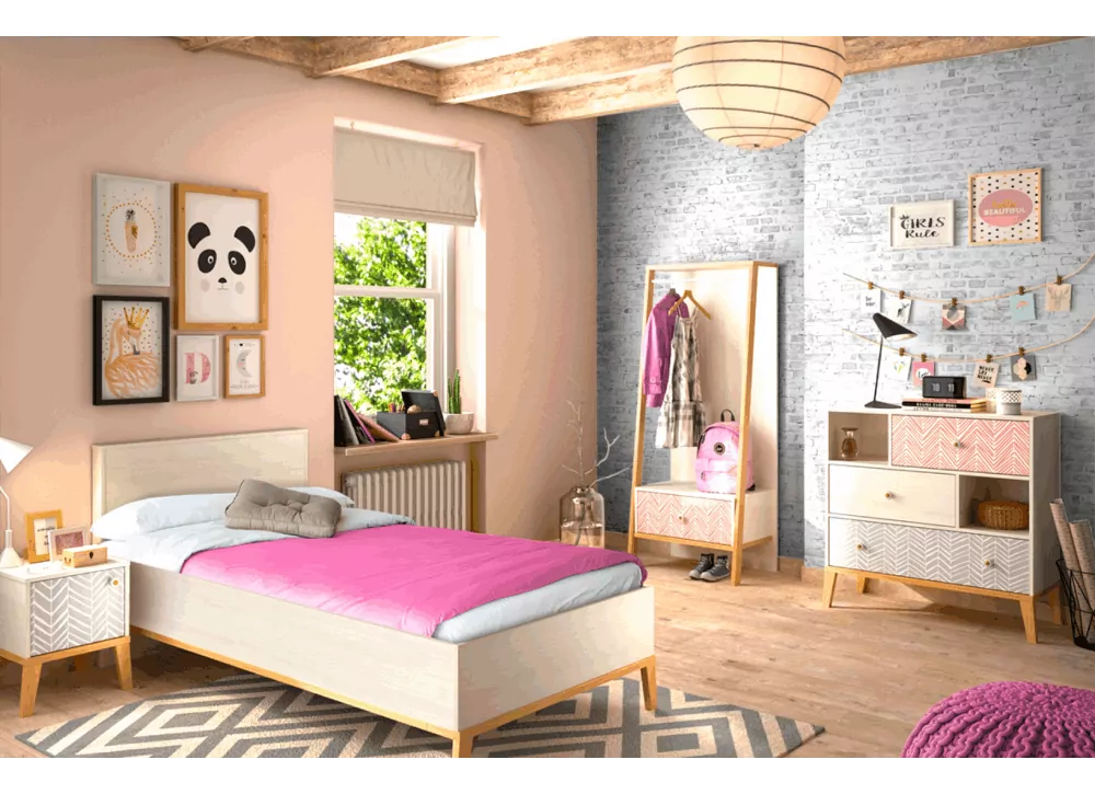Dormitorio juvenil con cama y litera abatible haya y gris + zona de estudio