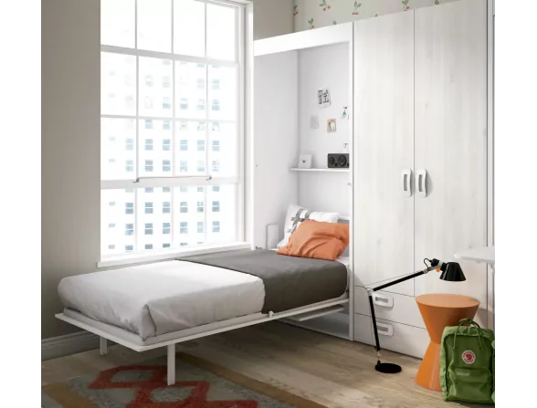 Composición juvenil cama abatible con armario y escritorio, cómoda y  estantes color sahara-coco-verde talco Merkamueble
