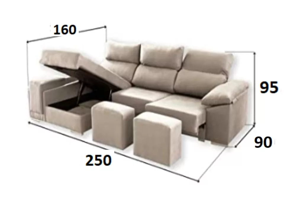 Sofá chaise longue gris claro con asientos deslizantes y brazo puff
