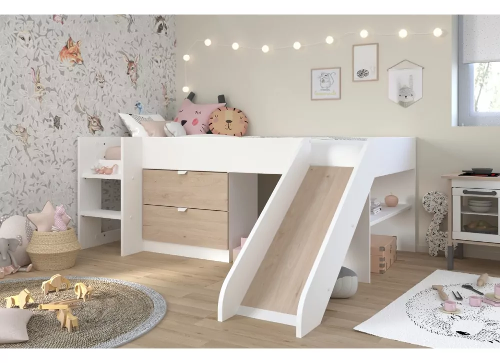 Dormitorio juvenil: escritorio de 2 cajones, cama nido y estante de pared -  Luddo 05 - Don Baraton: tienda de sofás, colchones y muebles