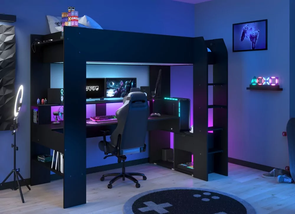 Cama alta gamer con escritorio y compartimentos 90 x 200 cm con LEDs gris y  rojo NOAH
