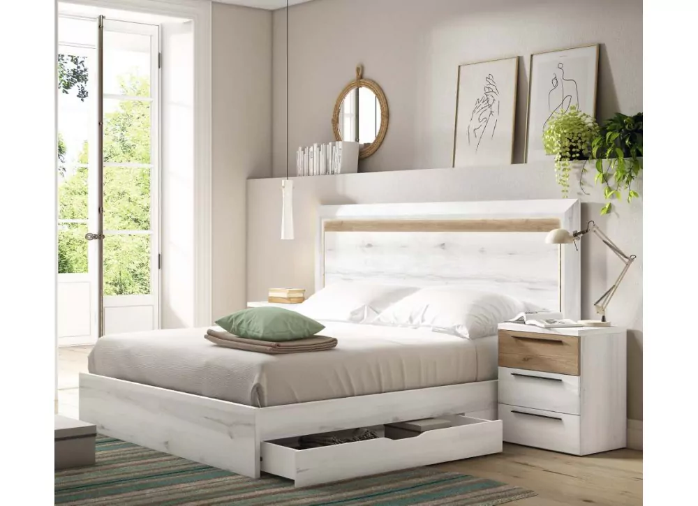 Muebles Dormitorio Matrimonio Completo Color Blanco y Cemento (Cama +  cabecero + cómoda + Armario) SOMIER Incluido