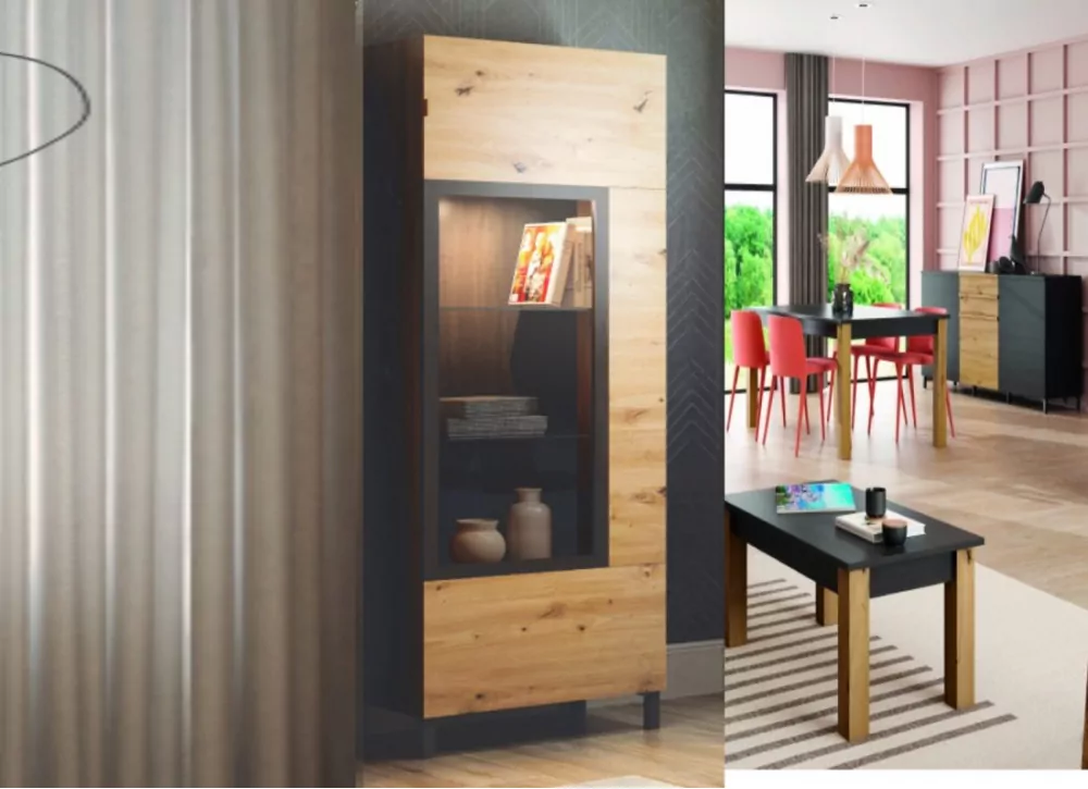 Mueble de comedor con vitrina doble + estanterías en color madera