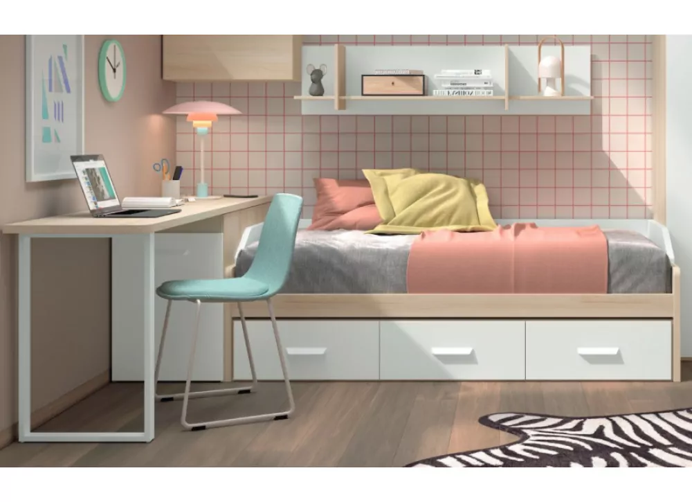 Composición juvenil cama con cajones, escritorio y estantes color  sahara-blanco mate Merkamueble