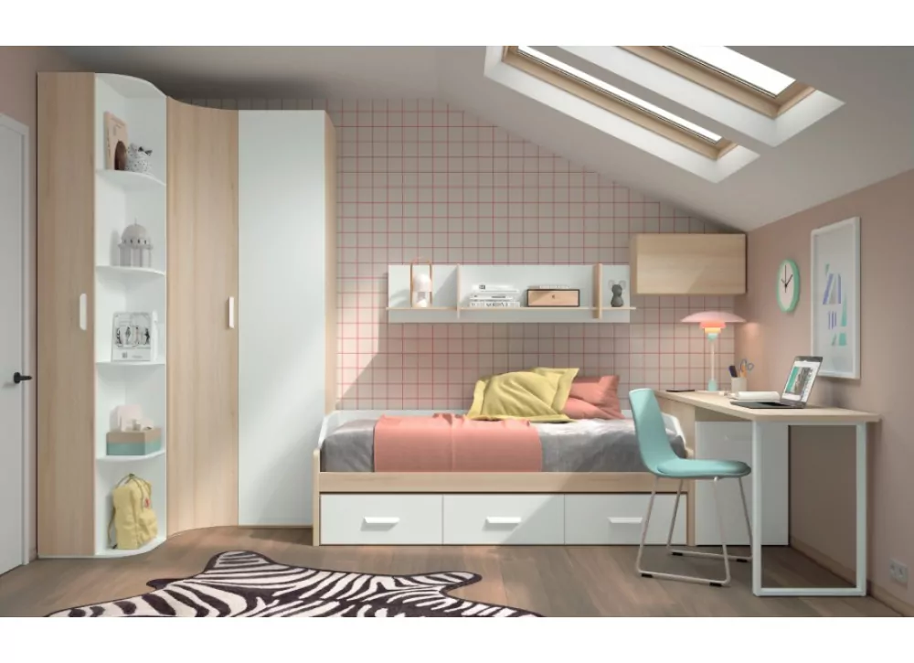 Dormitorio juvenil con cama nido de 2 cajones, armario de rincón y