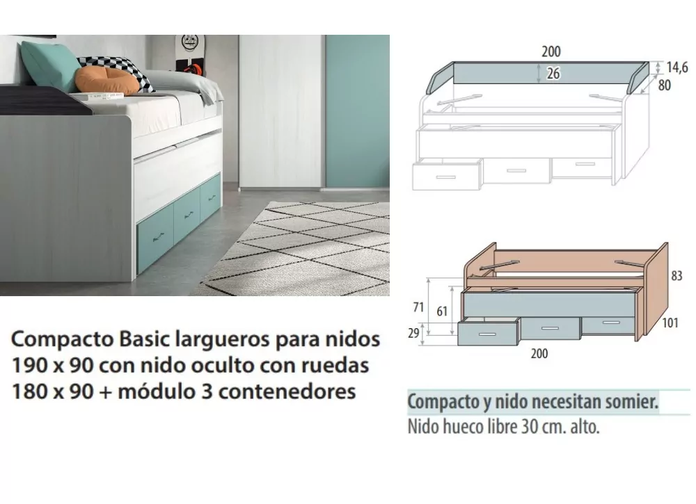 Dormitorio infantil con compacto de 2 camas de 90 x 190 + 4 contenedores..