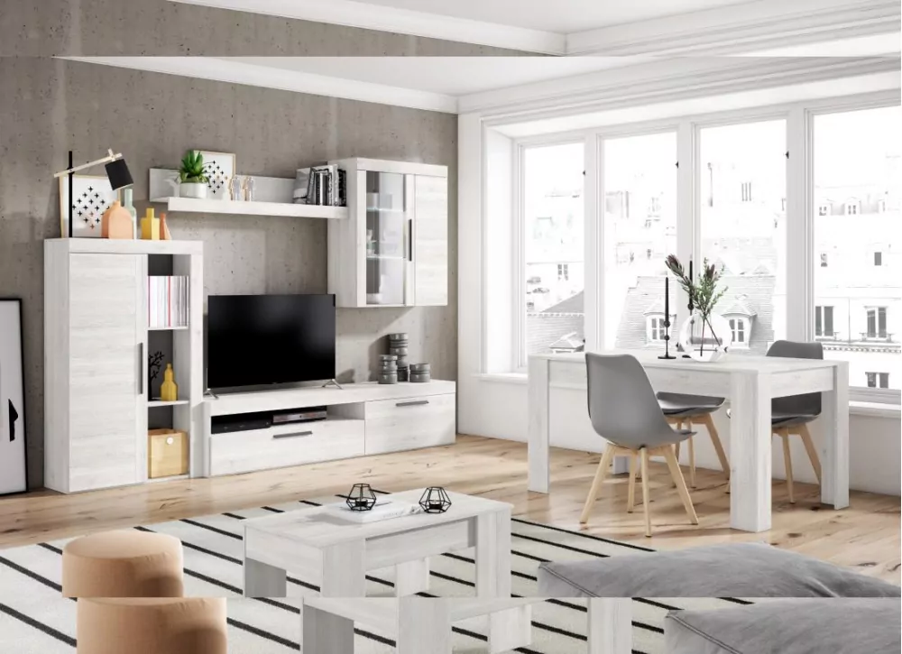 Conjunto de muebles de salón en color madera natural con acabados en blanco  nordic