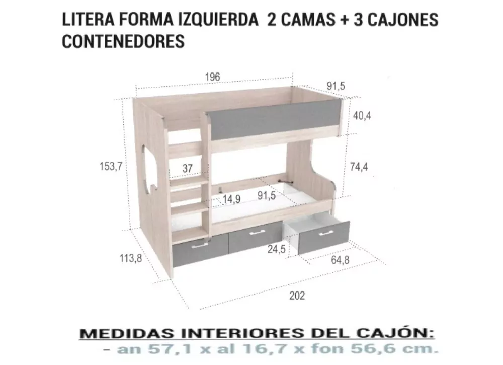 Beliche com 2 camas + 3 gavetões CLEO Beliche com 2 camas + 3 gavetões CLEO