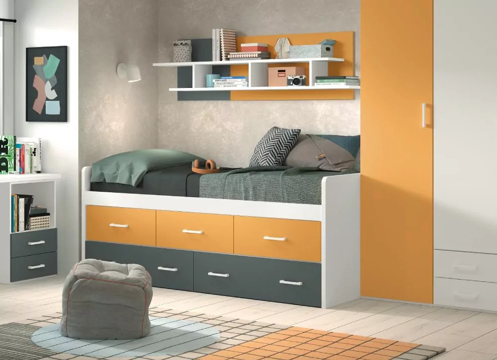 Cama compacta de 90 ou 105 com 3 recipientes e 2 gavetas cortadas PLUS
