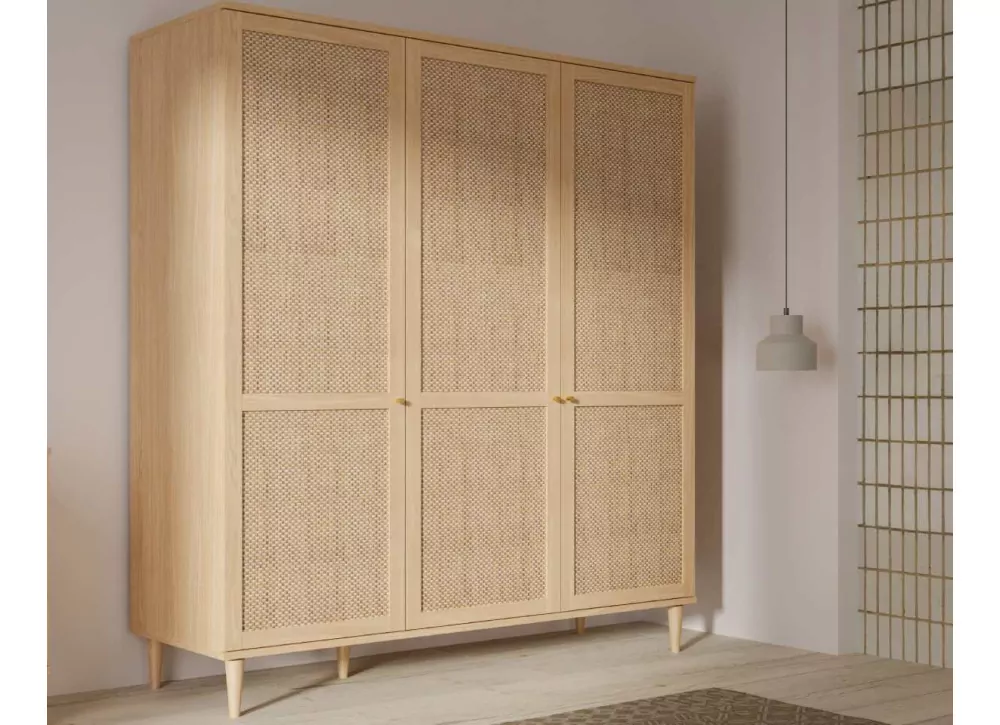 Armario 3 puertas batientes haya y ratán CALABRIA