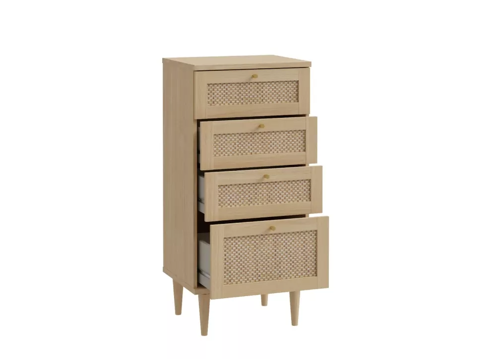 Cómoda alta com 3 gavetas e 1 compartimento em faia e rattan CALABRIA